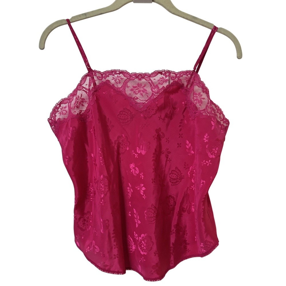 Linda for Eaton Vintage Hot Pink Floral Satin Lace Camisole Top M